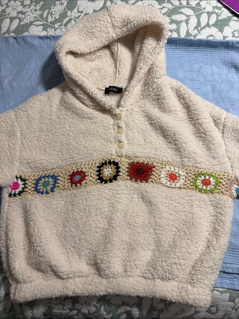 Cider Cream Sherpa Hoodie with Multicolor Crochet Floral Band